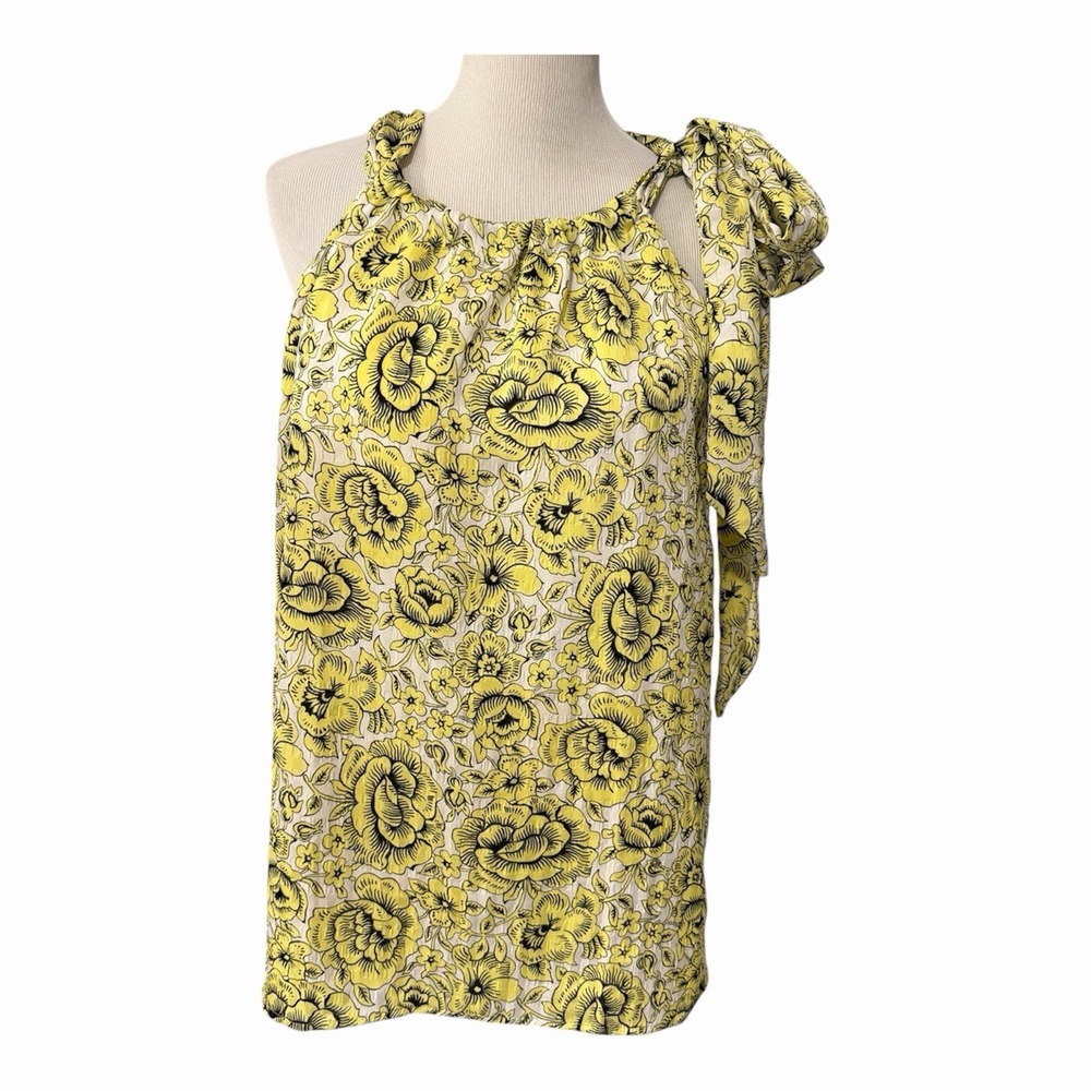 Ann Taylor Size-XL Halter Blouse Yellow Floral Tie Bow Tank Top